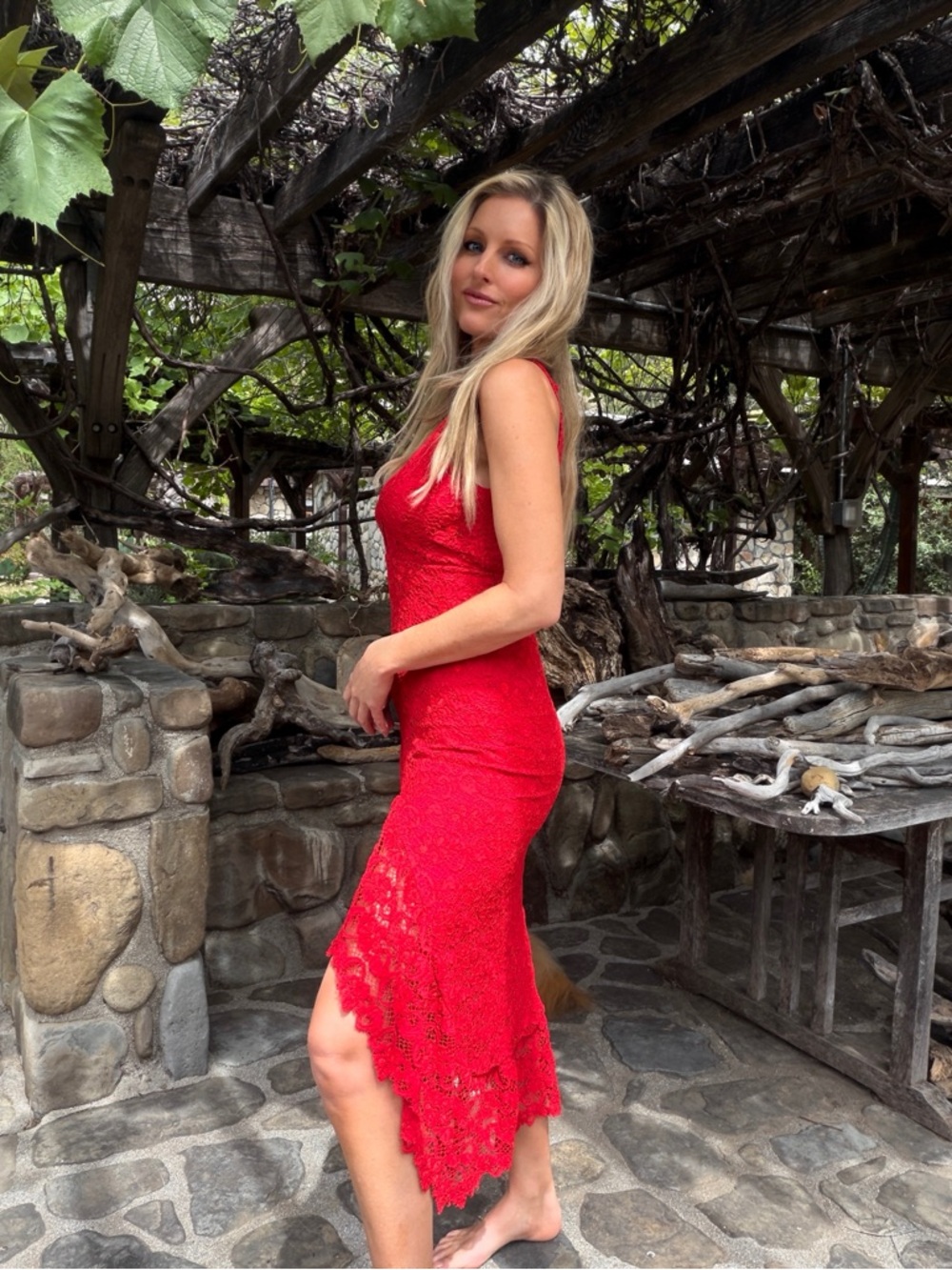 Nightcap Red Lace High-Low V-Neck Dress